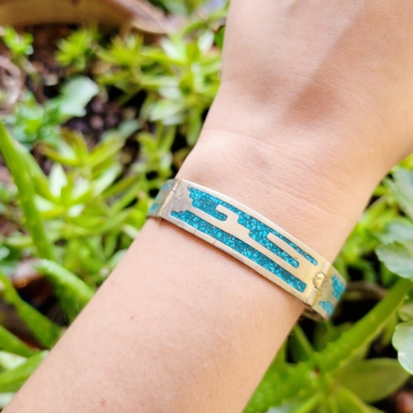 Vintage Alarci Native American Inlaid Turquoise Bracelet - Picture 1 of 15